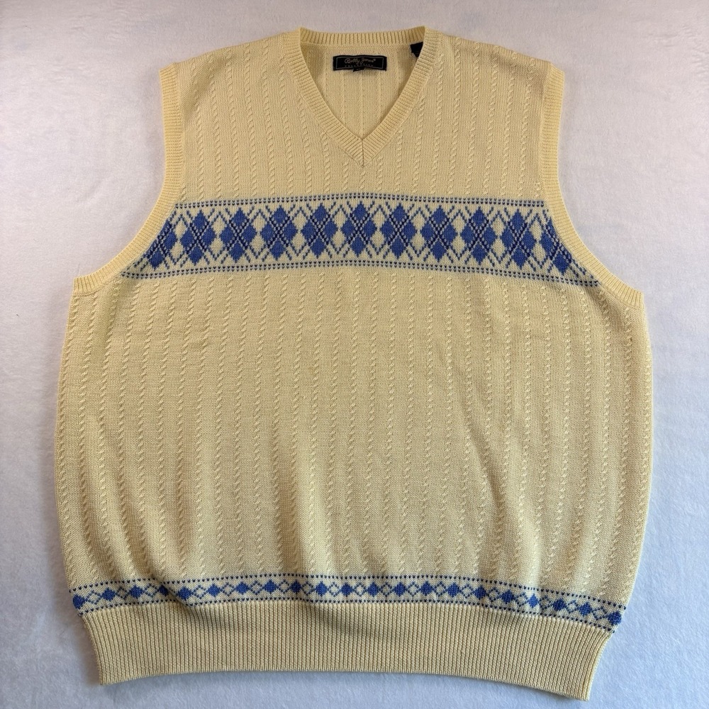 Bobby Jones Wool Sweater Vest Mens XL Yellow Argyle Golf Preppy Academia Flaw